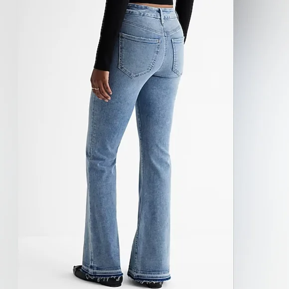 EXPRESS: Mid Rise Light Wash Drop Hem FlexX 70s Flare Jeans - Picture 3 of 9